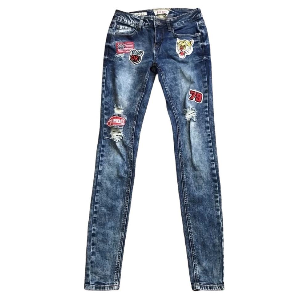 Hot Kiss Skinny Lily Womens Acid Washed Patched Skinny Jeans Size 0 Blue Y2K
